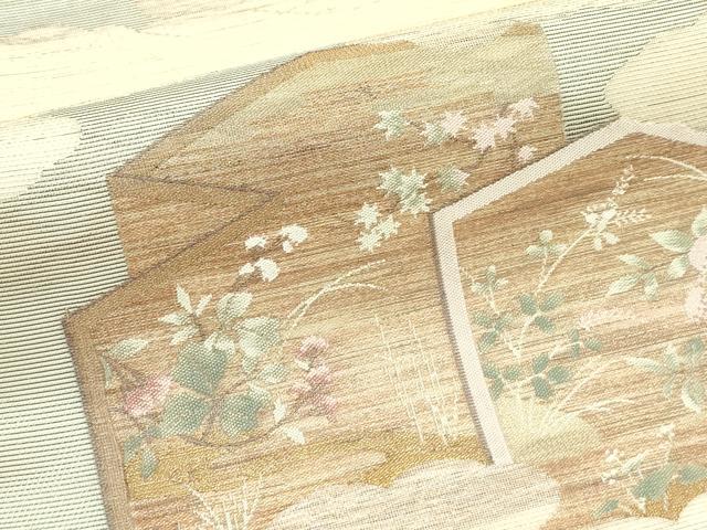 平和屋着物＊夏物　六通柄袋帯　雲取り屏風草花文　金糸　正絹　逸品　CABL5590rv