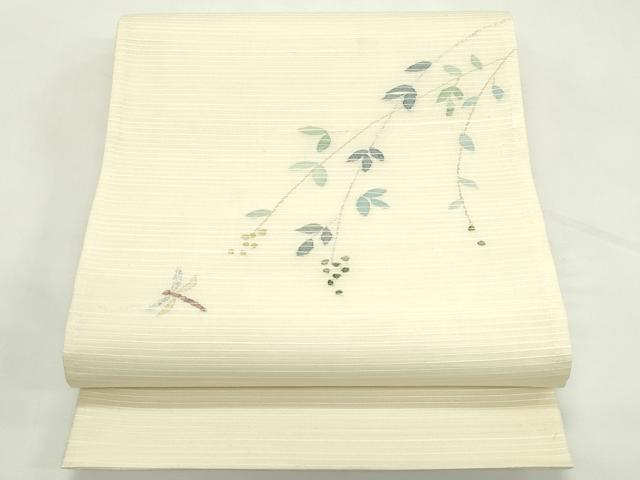 平和屋着物＊夏物　能州紬　絲藝苑　上島洋山　太鼓柄袋帯　トンボ　枝葉文　銀糸　正絹　逸品　CABL5594rv