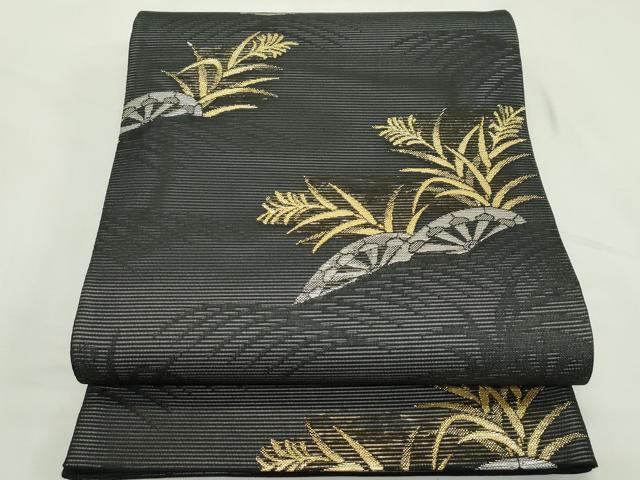 平和屋着物＊夏物　六通柄袋帯　片輪車草木文　黒地　金銀糸　正絹　逸品　未使用　CABL5597rv