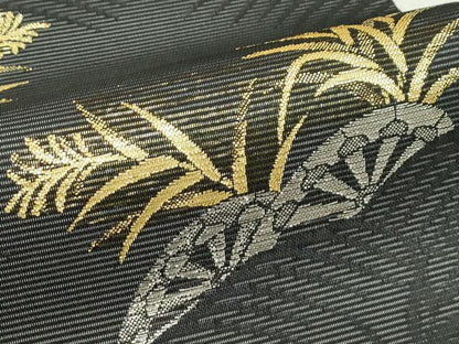 平和屋着物＊夏物　六通柄袋帯　片輪車草木文　黒地　金銀糸　正絹　逸品　未使用　CABL5597rv