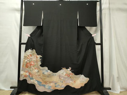 平和屋着物■豪華黒留袖　駒刺繍　御所車流水花文　暈し染め　金彩　正絹　逸品　CABL5616ou