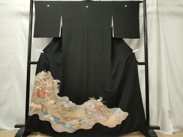 平和屋着物■豪華黒留袖　駒刺繍　御所車流水花文　暈し染め　金彩　正絹　逸品　CABL5616ou