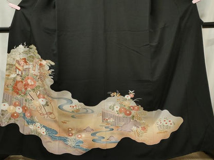 平和屋着物■豪華黒留袖　駒刺繍　御所車流水花文　暈し染め　金彩　正絹　逸品　CABL5616ou