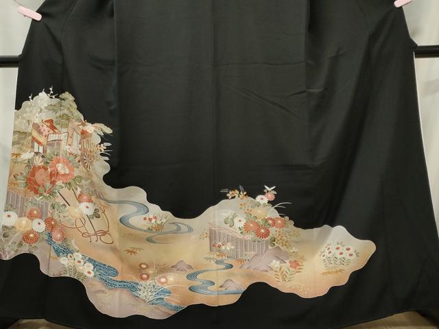 平和屋着物■豪華黒留袖　駒刺繍　御所車流水花文　暈し染め　金彩　正絹　逸品　CABL5616ou