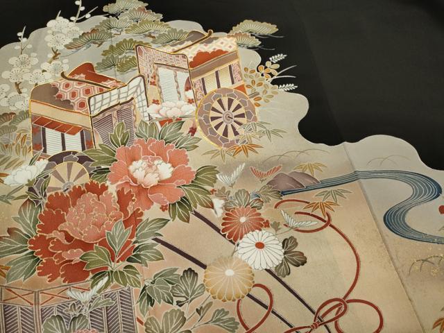 平和屋着物■豪華黒留袖　駒刺繍　御所車流水花文　暈し染め　金彩　正絹　逸品　CABL5616ou