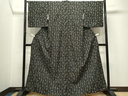 平和屋着物■小紋　花唐草文　黒地　洗える着物　CABL5658ou