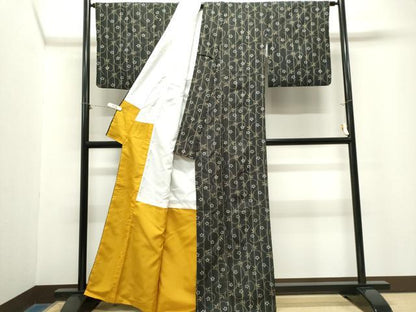 平和屋着物■小紋　花唐草文　黒地　洗える着物　CABL5658ou