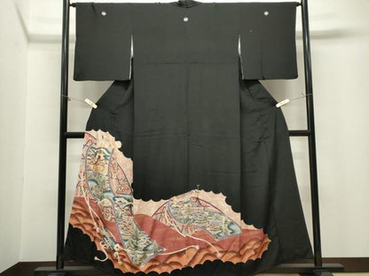 平和屋着物■豪華黒留袖　駒刺繍　絵巻風景文　暈し染め　金彩　正絹　逸品　CABL5683ou
