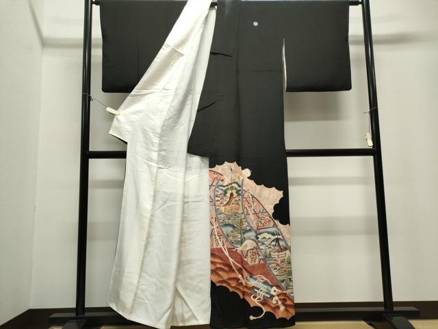 平和屋着物■豪華黒留袖　駒刺繍　絵巻風景文　暈し染め　金彩　正絹　逸品　CABL5683ou