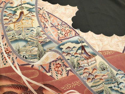 平和屋着物■豪華黒留袖　駒刺繍　絵巻風景文　暈し染め　金彩　正絹　逸品　CABL5683ou