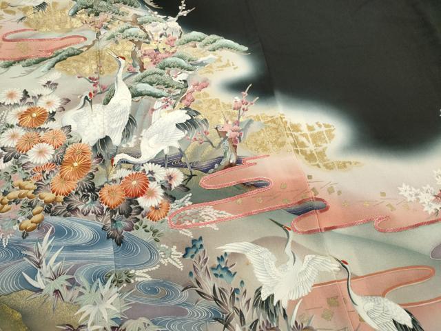 平和屋着物■豪華黒留袖　作家物　駒刺繍　群鶴草花文　暈し染め　金彩　正絹　逸品　CABL5685ou