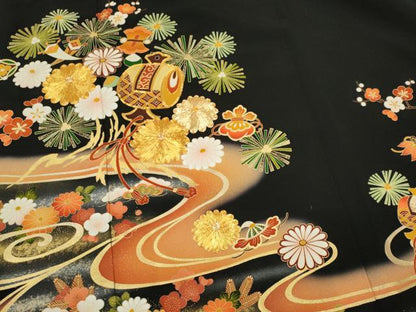 平和屋着物■豪華黒留袖　駒刺繍　流水吉祥花松文　暈し染め　金銀彩　正絹　逸品　CABL5702ou