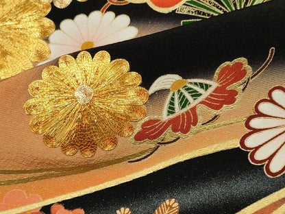平和屋着物■豪華黒留袖　駒刺繍　流水吉祥花松文　暈し染め　金銀彩　正絹　逸品　CABL5702ou