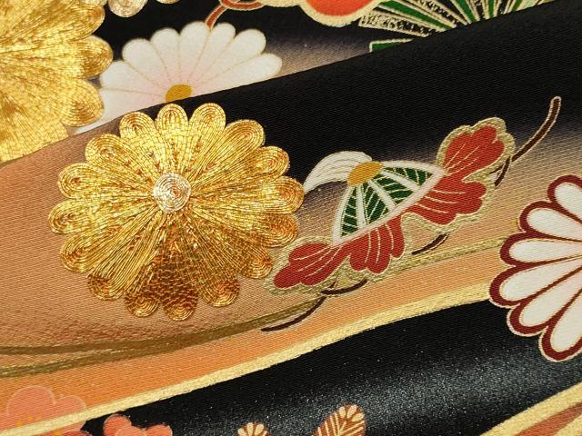 平和屋着物■豪華黒留袖　駒刺繍　流水吉祥花松文　暈し染め　金銀彩　正絹　逸品　CABL5702ou
