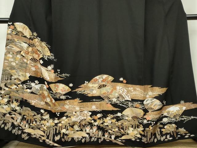 平和屋着物■豪華黒留袖　駒刺繍　扇面風景草花文　金彩　正絹　逸品　CABL5787ou
