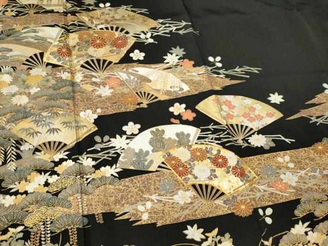 平和屋着物■豪華黒留袖　駒刺繍　扇面風景草花文　金彩　正絹　逸品　CABL5787ou