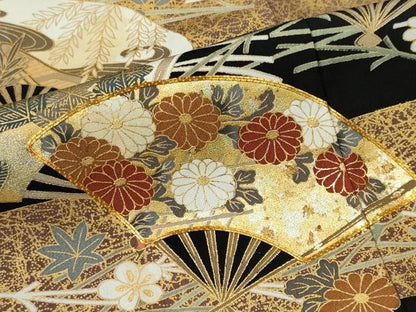 平和屋着物■豪華黒留袖　駒刺繍　扇面風景草花文　金彩　正絹　逸品　CABL5787ou