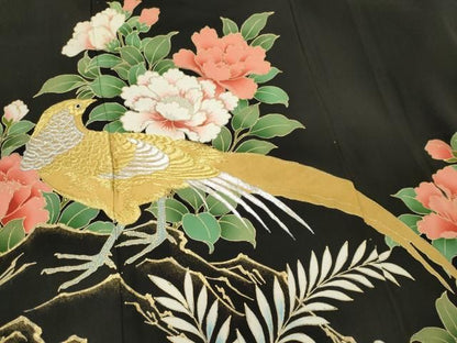 平和屋着物■豪華黒留袖　刺繍　尾長鶏花文　金彩　正絹　逸品　CABL5871ou