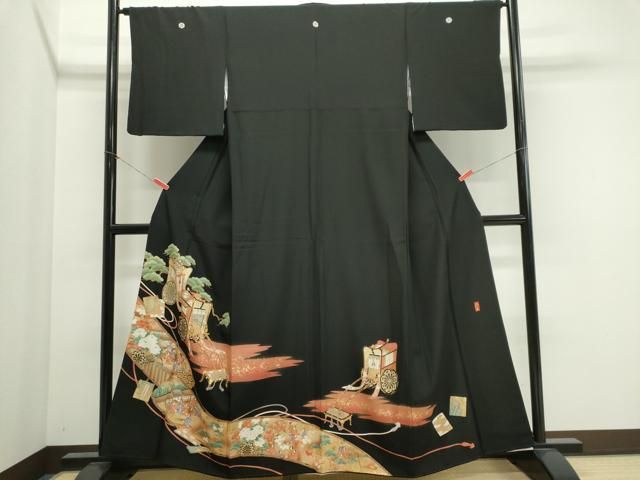 平和屋着物■豪華黒留袖　作家物　駒刺繍　御所車人物花松文　金彩　正絹　逸品　CABL5885ou