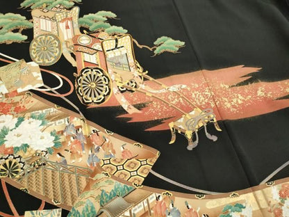平和屋着物■豪華黒留袖　作家物　駒刺繍　御所車人物花松文　金彩　正絹　逸品　CABL5885ou