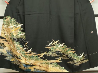 平和屋着物■豪華黒留袖　作家物　駒刺繍　立波飛鶴松文　金銀彩　正絹　逸品　CABL5895ou