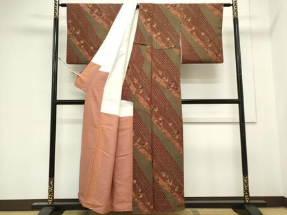 平和屋着物■上質な小紋　斜線草花文　金彩　鬼しぼ縮緬　正絹　逸品　CABL5940ou