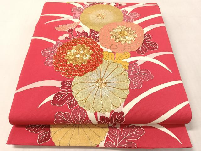 平和屋着物●塩瀬　六通柄袋帯　駒刺繍　菊花文　金彩　正絹　逸品　CABL6010vp