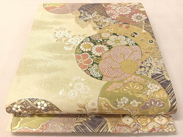 平和屋着物●六通柄袋帯　唐織　吉祥花丸文　金銀糸　反端付き　健勝苑扱い　正絹　逸品　CABL6011vp