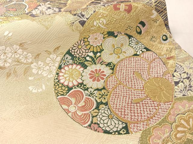平和屋着物●六通柄袋帯　唐織　吉祥花丸文　金銀糸　反端付き　健勝苑扱い　正絹　逸品　CABL6011vp