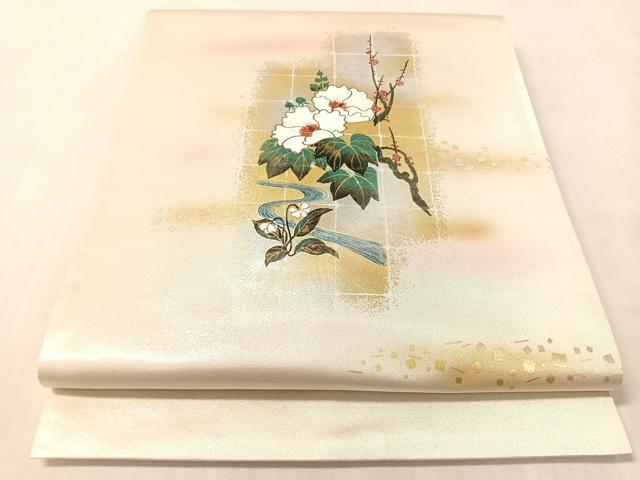 平和屋着物●太鼓柄袋帯　流水枝花文　金銀彩　正絹　逸品　未使用　CABL6017vp