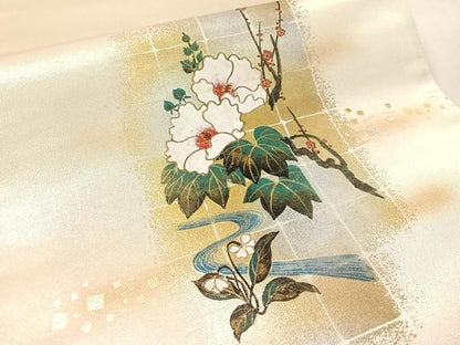 平和屋着物●太鼓柄袋帯　流水枝花文　金銀彩　正絹　逸品　未使用　CABL6017vp