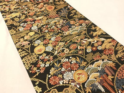 平和屋着物●六通柄袋帯　唐織　彩華吉祥紋　黒地　金糸　正絹　逸品　CABL6031vp