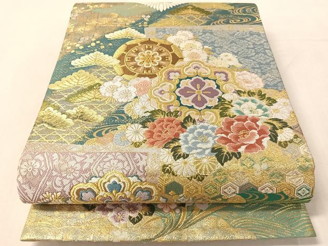 平和屋着物●両面　両方向　全通柄袋帯　唐織　正倉院花文　金糸　正絹　逸品　CABL6033vp