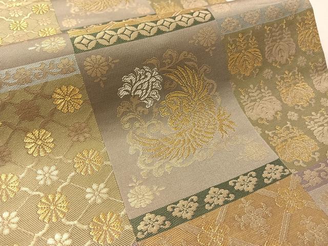 平和屋着物●全通柄袋帯　金色繭　飛天・草木染め　市松鳳凰花文　正絹　逸品　CABL6040vp