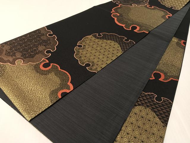 平和屋着物●六通柄袋帯　唐織　紬地　雪輪吉祥文　黒地　金糸　正絹　逸品　CABL6055vp