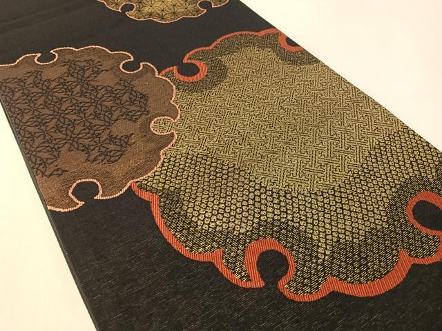 平和屋着物●六通柄袋帯　唐織　紬地　雪輪吉祥文　黒地　金糸　正絹　逸品　CABL6055vp