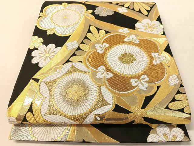 平和屋着物●六通柄袋帯　唐織　菱花文　黒地　金銀糸　正絹　逸品　CABL6075vp