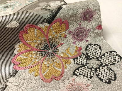 平和屋着物●六通柄袋帯　唐織　舞桜　黒地　金銀糸　正絹　逸品　CABL6092vp