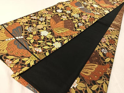 平和屋着物●六通柄袋帯　唐織　枝垂桜蝶文様　黒地　金糸　正絹　逸品　CABL6104vp