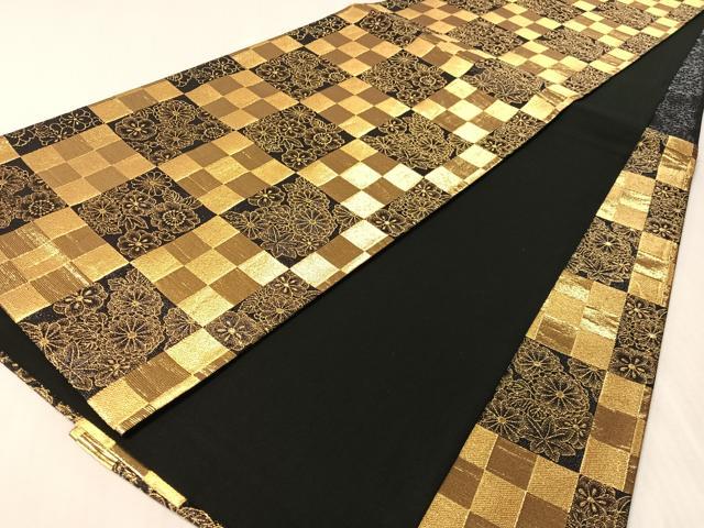 平和屋着物●六通柄袋帯　市松花文　黒地　金糸　正絹　逸品　CABL6108vp