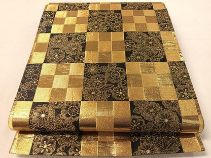 平和屋着物●六通柄袋帯　市松花文　黒地　金糸　正絹　逸品　CABL6108vp