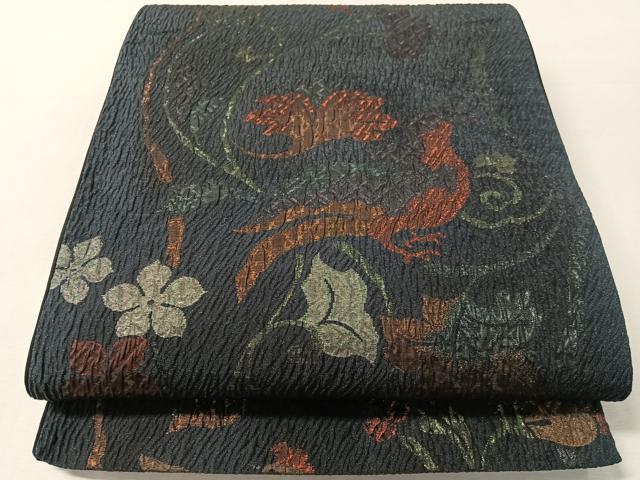 平和屋着物●六通柄袋帯 ふくれ織 葡萄唐草鳥文 金糸 正絹 逸品 CABL6109vp