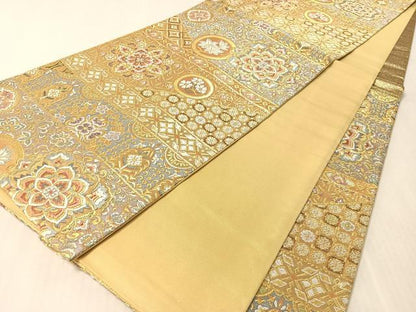 平和屋着物●六通柄袋帯 唐織 横段正倉院花文 金糸 正絹 逸品 CABL6111vp