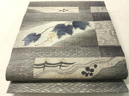 平和屋着物▽太鼓柄袋帯　スリーシーズン　春夏秋　すくい織　葡萄蔦の葉文　正絹　逸品　CABL6140vp