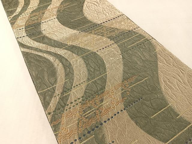 平和屋着物▽両面　六通柄袋帯　スリーシーズン　春夏秋　櫛織　よろけ縞　金糸　正絹　逸品　CABL6141vp