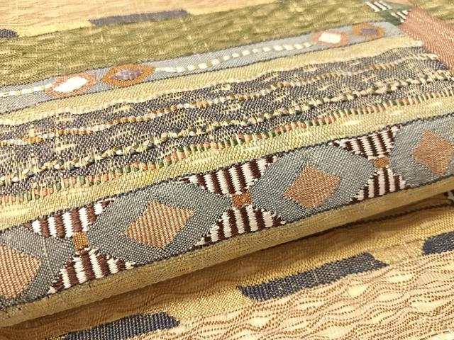 平和屋着物▽太鼓柄袋帯　スリーシーズン　春夏秋　すくい織　幾何学文様　金糸　正絹　逸品　未使用　CABL6151vp
