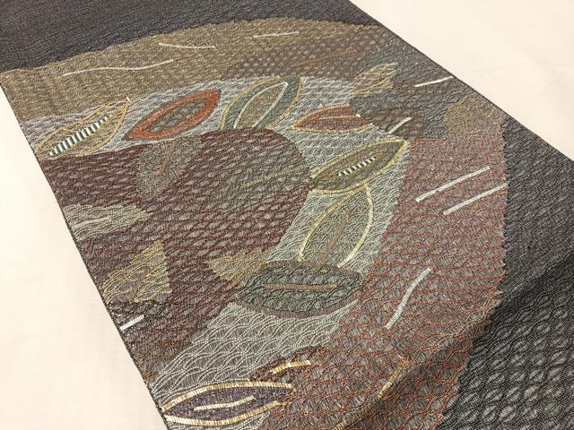 平和屋着物▽太鼓柄袋帯　スリーシーズン　春夏秋　すくい織　舞葉文　金銀糸　正絹　逸品　CABL6154vp
