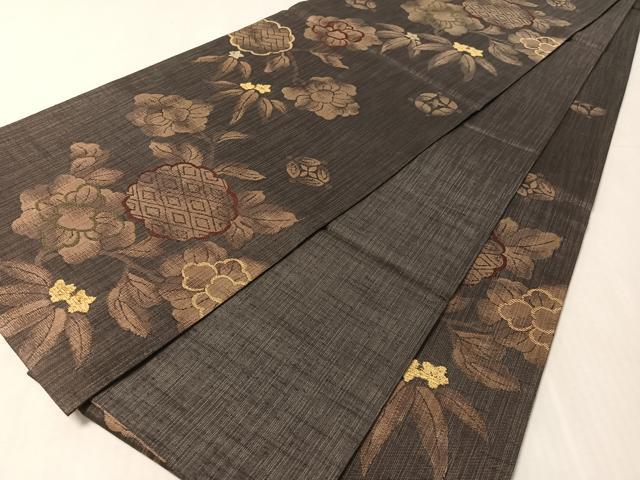 平和屋着物▽六通柄袋帯　スリーシーズン　春夏秋　紬地　モール　枝花文　金糸　正絹　逸品　未使用　CABL6155vp