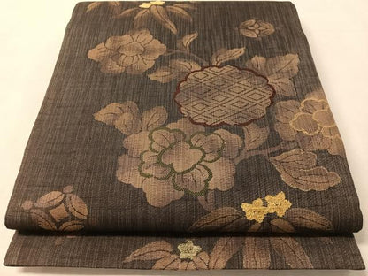平和屋着物▽六通柄袋帯　スリーシーズン　春夏秋　紬地　モール　枝花文　金糸　正絹　逸品　未使用　CABL6155vp