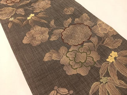 平和屋着物▽六通柄袋帯　スリーシーズン　春夏秋　紬地　モール　枝花文　金糸　正絹　逸品　未使用　CABL6155vp